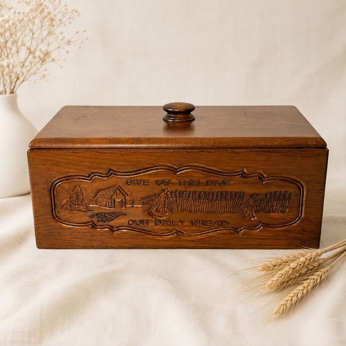 Wooden bread box rustic carved - rustic,